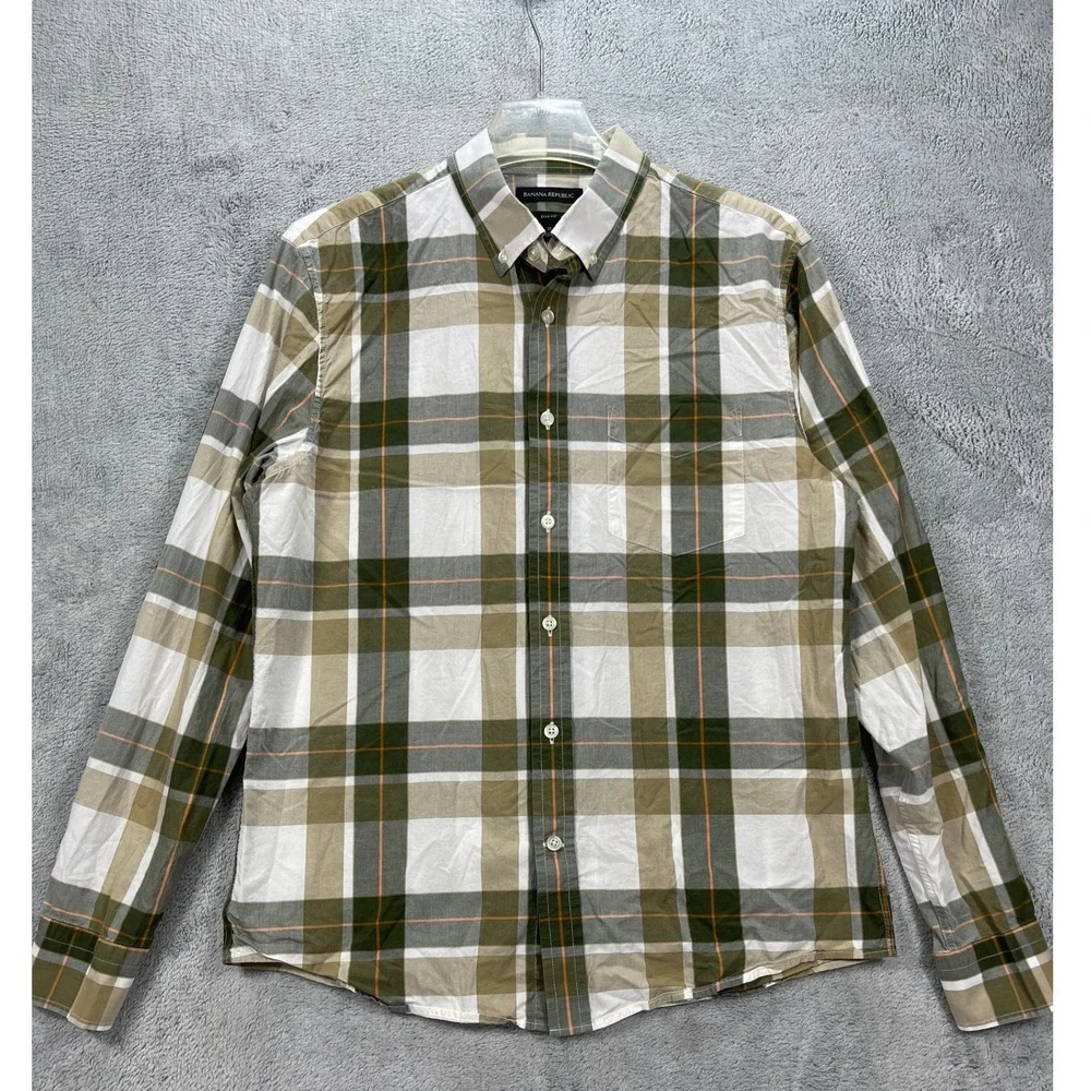 Banana Republic Button Down Mens Medium Green Plaid Slim Fit Long Sleeve Cotton